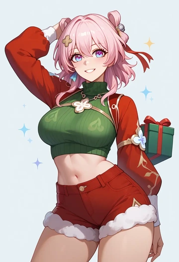 star rail,march 7th,Christmas,red velvet shorts,turtleneck sweater  - AI generated anime art